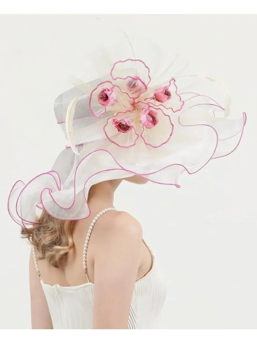 Elegant Wide Brim Women's Church Hat with Leaf & Flower for Derby & Bridal